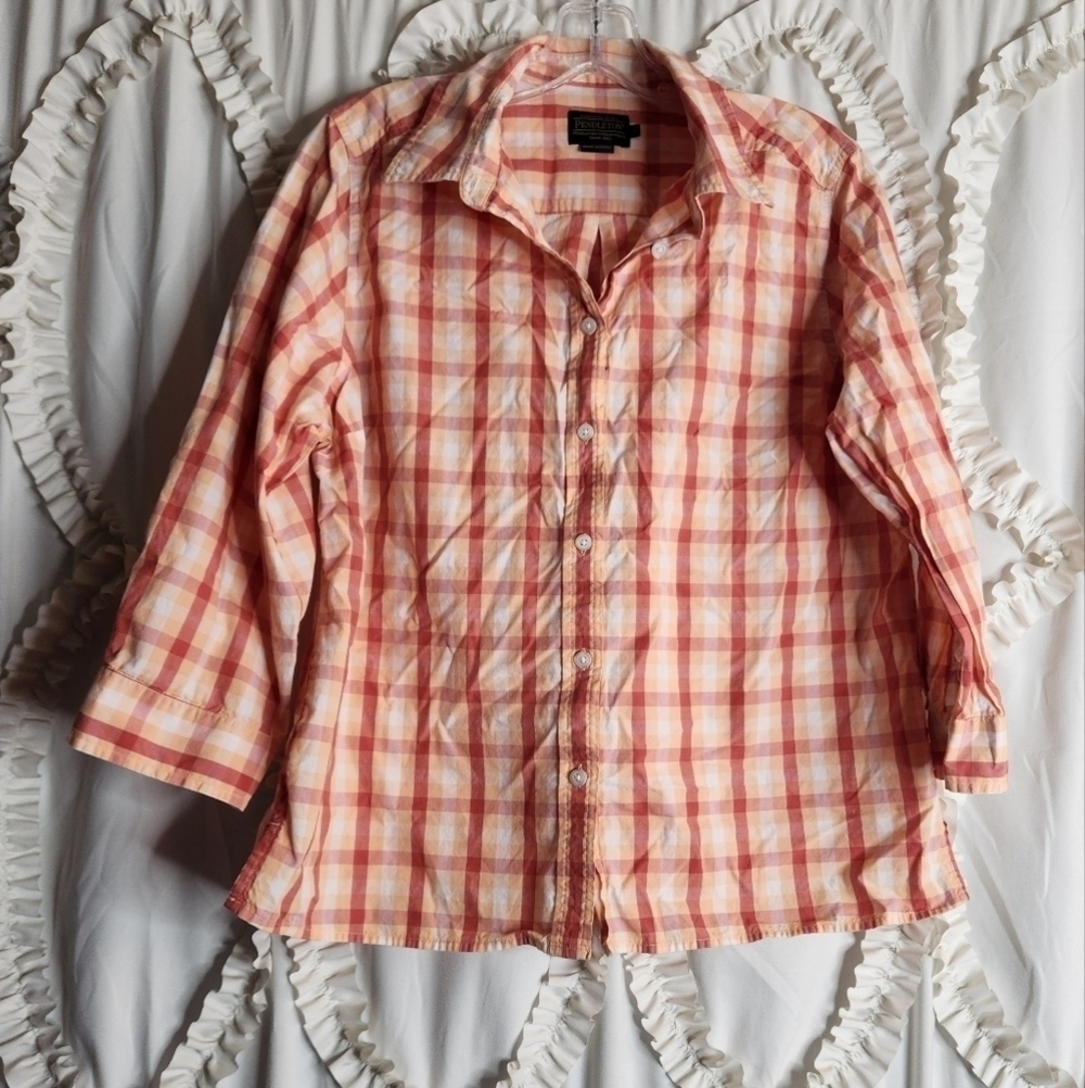 Pendleton Women's sz Large Orange Plaid Pattern Button Front Cotton